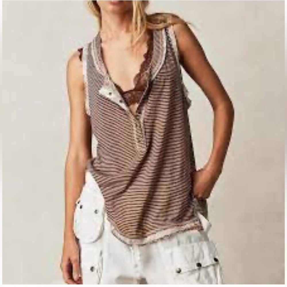 NWT Free People Love Language Tank Top Brown‎ White We The Free